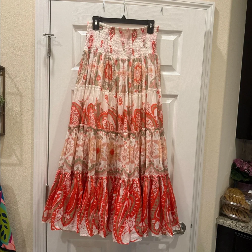 Free People 100% Cotton Red and Cream Tiered Paisley Maxi Skirt - Picture 2 of 9